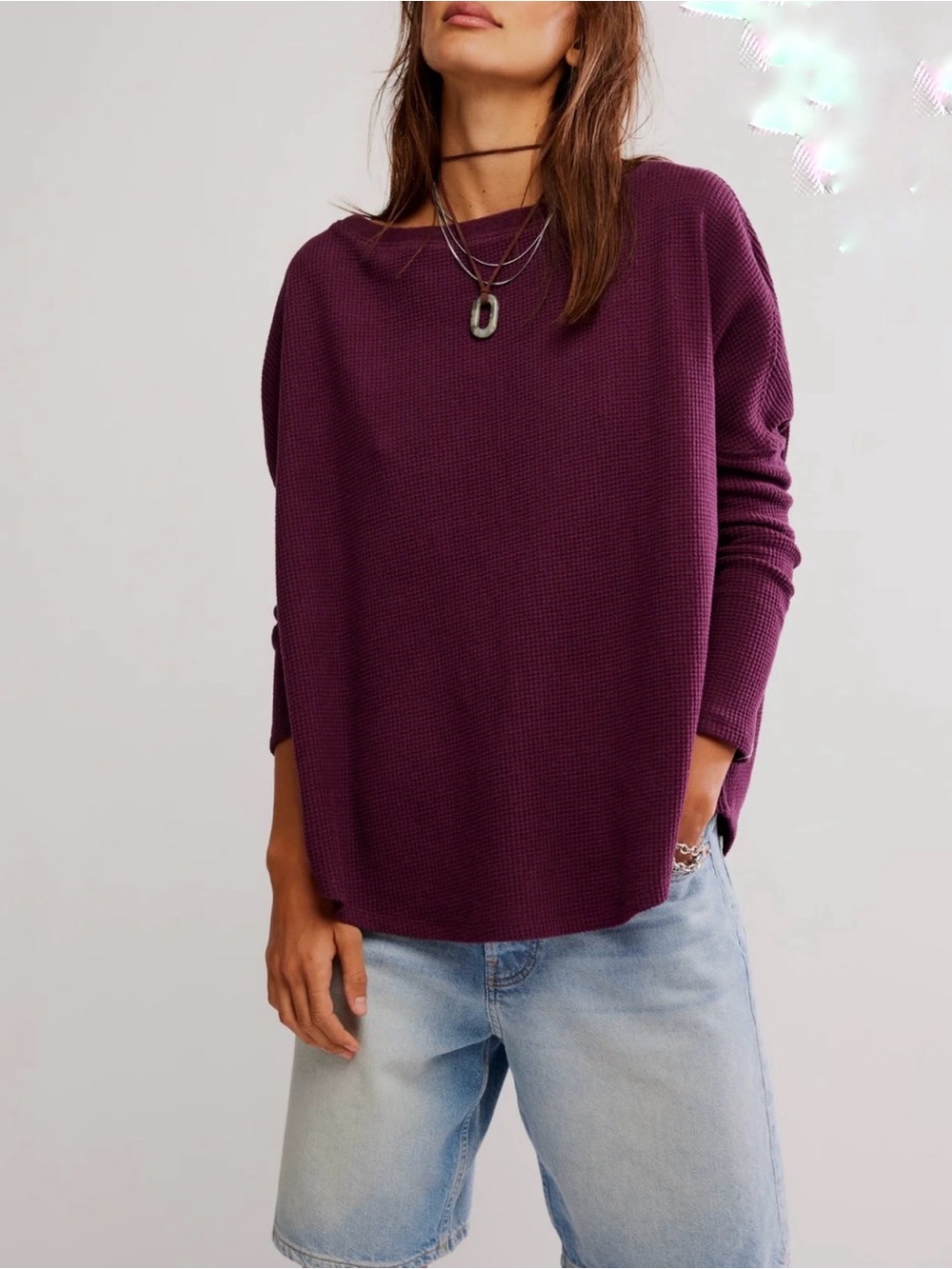 Free People We the Free Relaxed Waffle Knit Crewneck Sweater - Plum size Medium